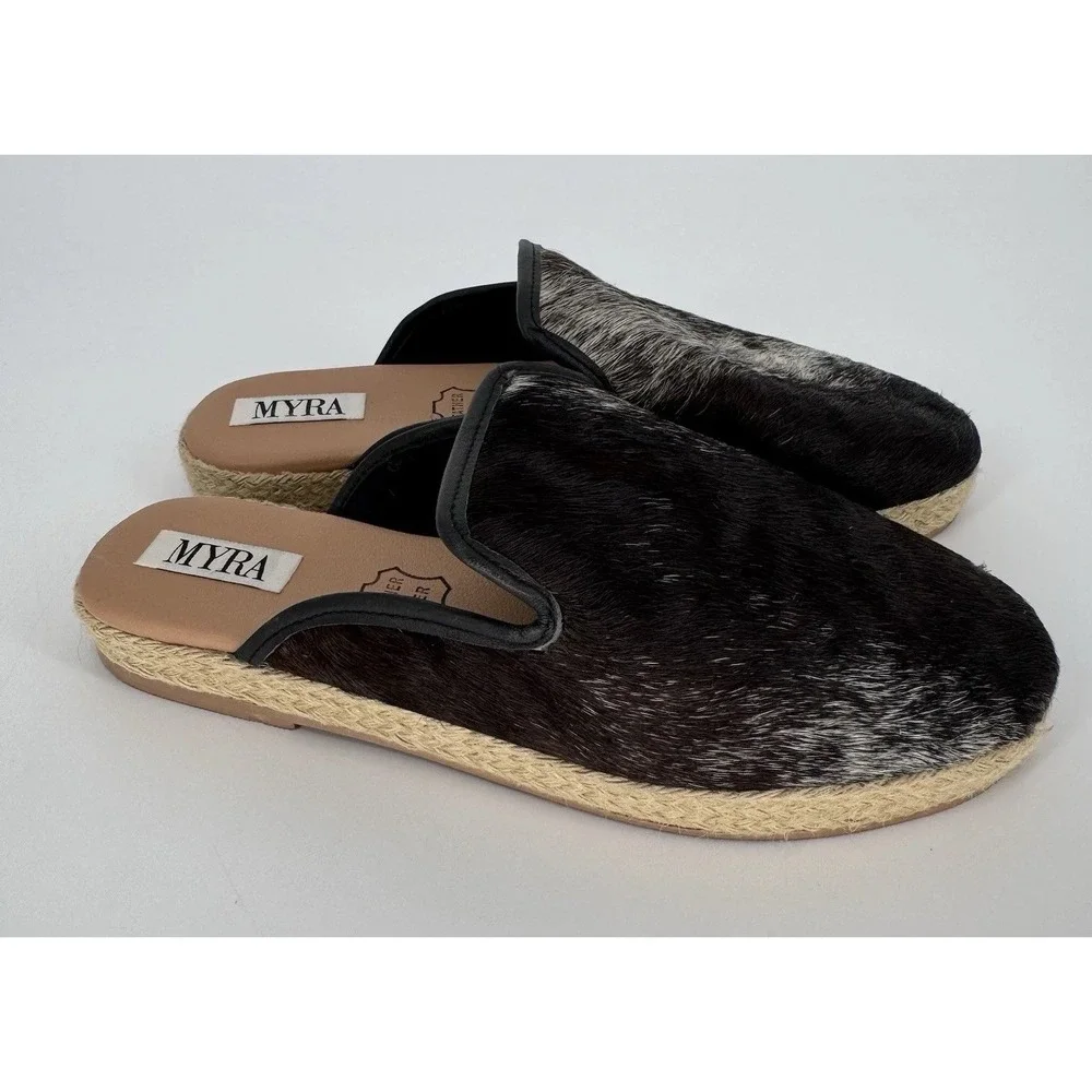MYRA Ease Espadrilles Black and White Cowhide Leather Slip On Shoes‎ Women's 7